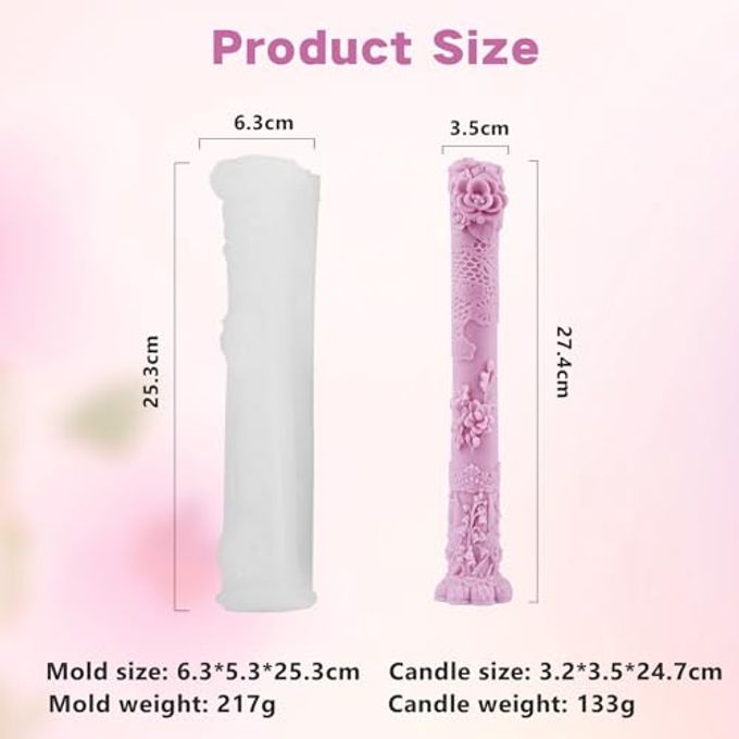PEVOGON Vintage Long Pillar Candle Mold, Intricate Floral Design Silicone Mold for DIY Candle Making Plaster Polymer Clay Home Decoration - Image 2