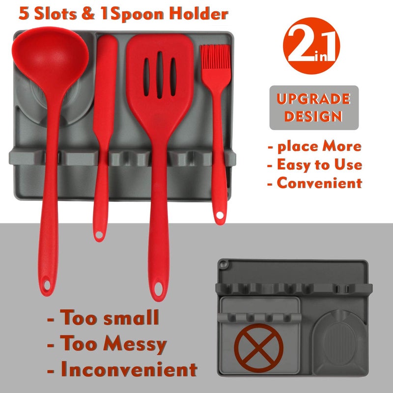 Utensil Rest with Drip Pad,Silicone Spoon Rest for Kitchen Counter,Heat-Resistant Cooking Spoon Holder for Stove Top,2 in 1 Large Kitchen Utensil Holder for Spoons,Ladles,Hang Hole Design (Grey) - Image 3