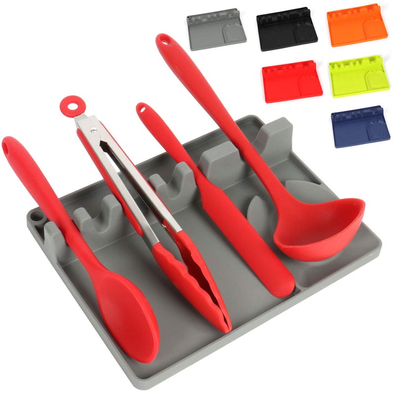 Utensil Rest with Drip Pad,Silicone Spoon Rest for Kitchen Counter,Heat-Resistant Cooking Spoon Holder for Stove Top,2 in 1 Large Kitchen Utensil Holder for Spoons,Ladles,Hang Hole Design (Grey) - Image 1