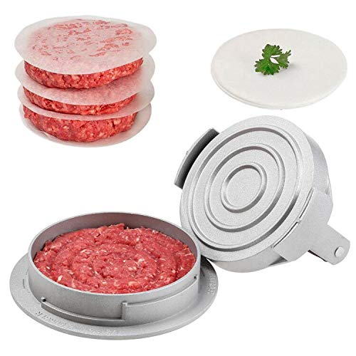 OVOS Burger Press Adjustable Thickness 3 in 1 Hamburger Patty Maker Aluminum Non Stick Patty Making Mold with 100 Wax Papers for Burgers and Meat Patties