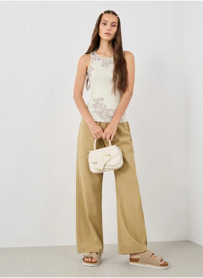 تايك تو Take Two Textured Floral Print Sleeveless Round Neck Top