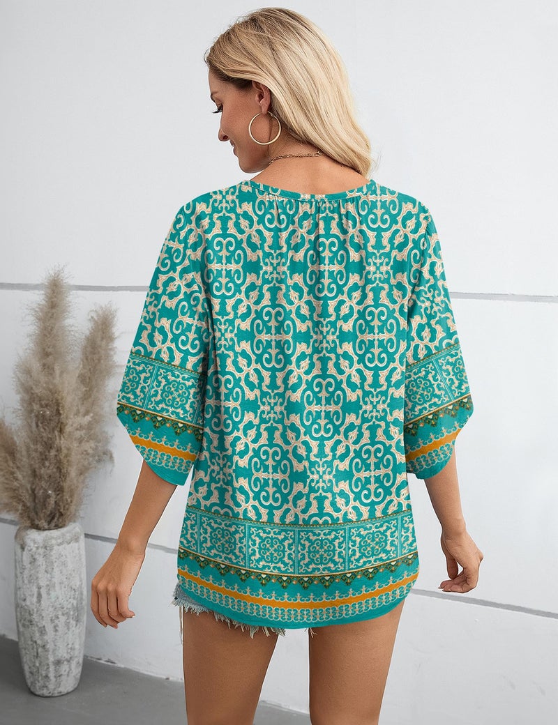 LOMON 3/4 Lenght Sleeve Boho Tops for Women Plus Size Womens Spring Casual Clothing Tunic Shirts for Teacher Blue M - Image 5