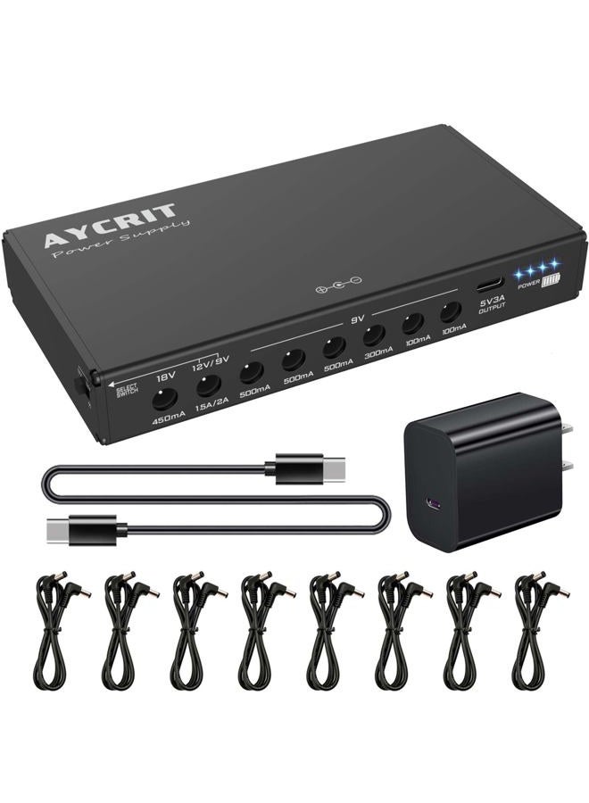 AYCRIT [New Version] AYCRIT Guitar Pedal Power Supply, Rechargeable 12800mAh 9 Outputs 9V2A/12V1.5A/18V450mA and 5V3A Type-C Port for iPhone ipad (MUSTAN-02) - Image 1