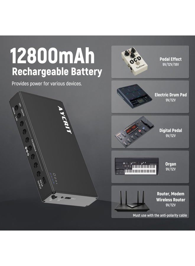 AYCRIT [New Version] AYCRIT Guitar Pedal Power Supply, Rechargeable 12800mAh 9 Outputs 9V2A/12V1.5A/18V450mA and 5V3A Type-C Port for iPhone ipad (MUSTAN-02) - Image 5