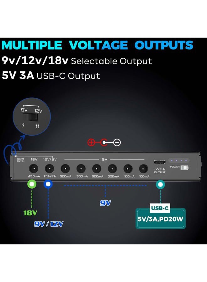 AYCRIT [New Version] AYCRIT Guitar Pedal Power Supply, Rechargeable 12800mAh 9 Outputs 9V2A/12V1.5A/18V450mA and 5V3A Type-C Port for iPhone ipad (MUSTAN-02) - Image 2