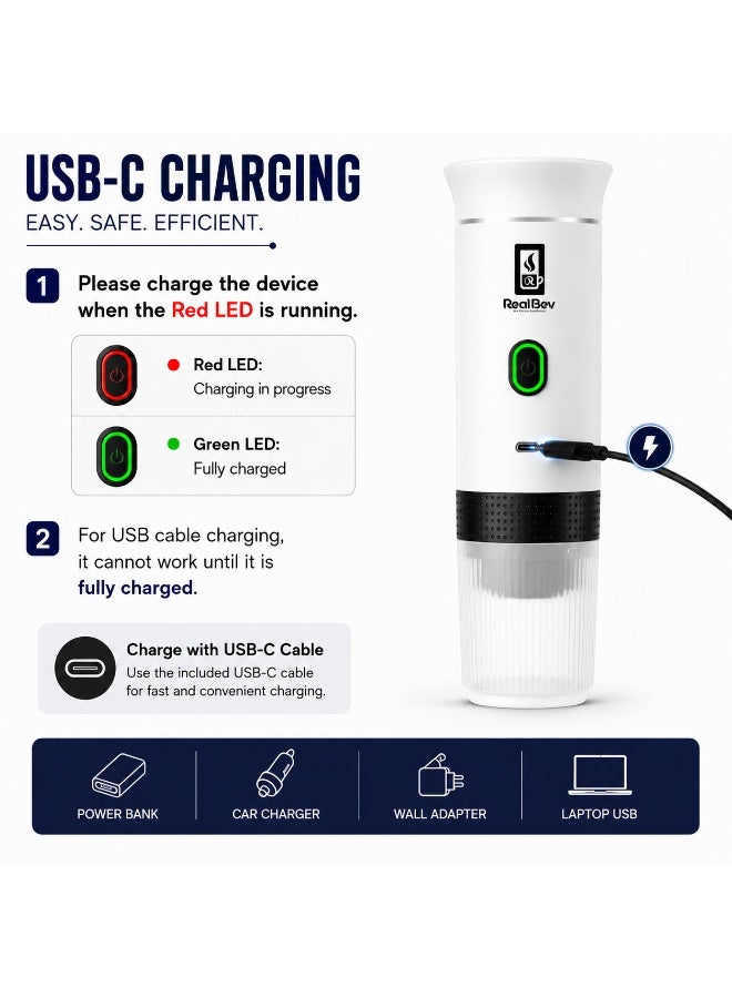 RealBev Portable Espresso Coffee Maker | USB Rechargeable Coffee Machine for Travel, Car, Camping & Office | Compatible with Ground Coffee & Capsules | Compact One-Touch Brewing - Image 3