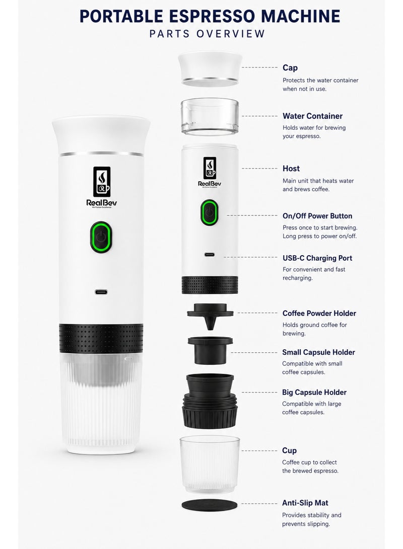 RealBev Portable Espresso Coffee Maker | USB Rechargeable Coffee Machine for Travel, Car, Camping & Office | Compatible with Ground Coffee & Capsules | Compact One-Touch Brewing - Image 4