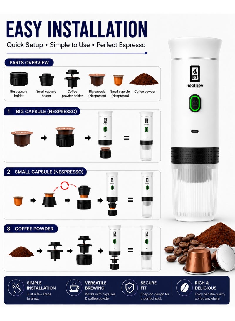 RealBev Portable Espresso Coffee Maker | USB Rechargeable Coffee Machine for Travel, Car, Camping & Office | Compatible with Ground Coffee & Capsules | Compact One-Touch Brewing - Image 5