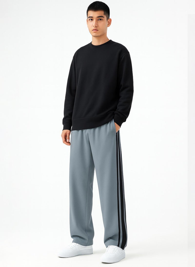 Maniac Mens Side Stripe Light Grey and Black Cotton Baggy Fit Trackpant - Image 5