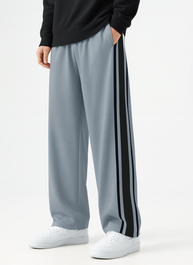 Maniac Mens Side Stripe Light Grey and Black Cotton Baggy Fit Trackpant - Image 1