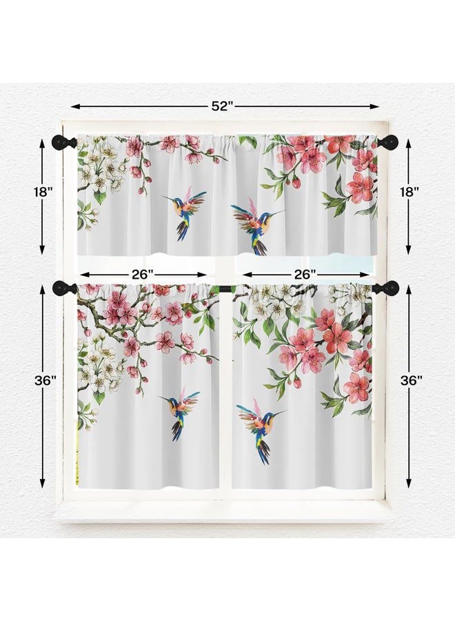 Tayney Flower Bird Kitchen Window Curtains Valance and Tier Set 36 Inch, Spring Hummingbird Watercolor Pink Botanical Rod Pocket Short Tier Curtain, Floral Small Cafe Drapes for Kitchen Decor - Image 3