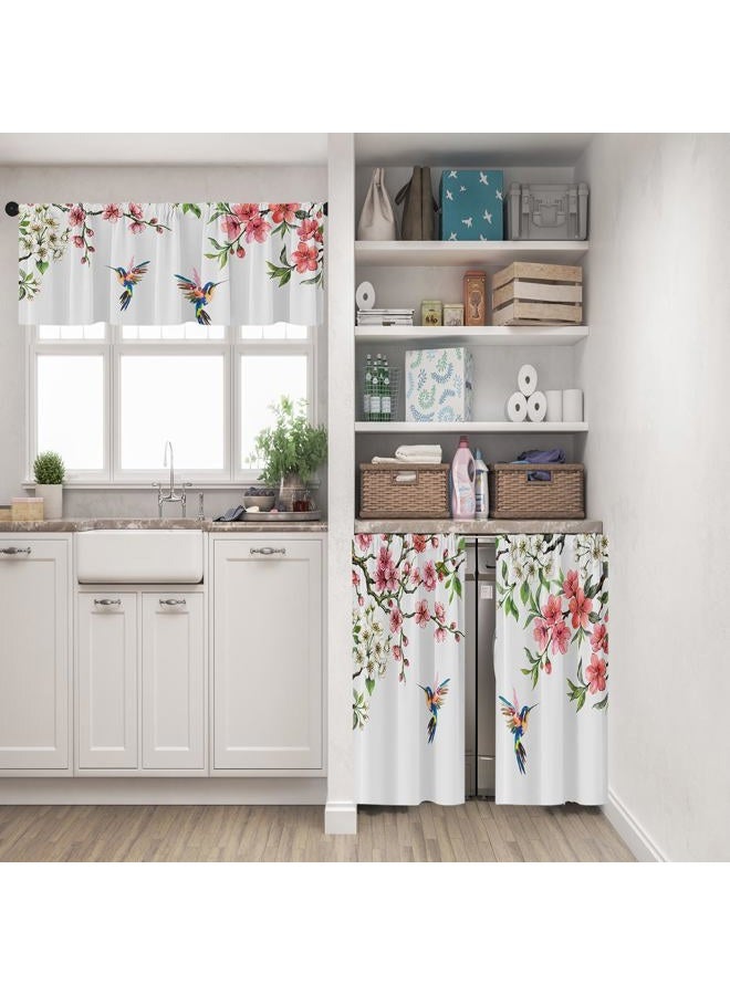 Tayney Flower Bird Kitchen Window Curtains Valance and Tier Set 36 Inch, Spring Hummingbird Watercolor Pink Botanical Rod Pocket Short Tier Curtain, Floral Small Cafe Drapes for Kitchen Decor - Image 2