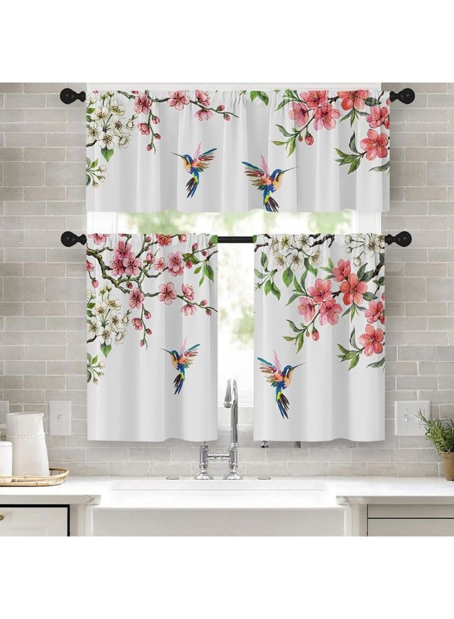 Tayney Flower Bird Kitchen Window Curtains Valance and Tier Set 36 Inch, Spring Hummingbird Watercolor Pink Botanical Rod Pocket Short Tier Curtain, Floral Small Cafe Drapes for Kitchen Decor - Image 1