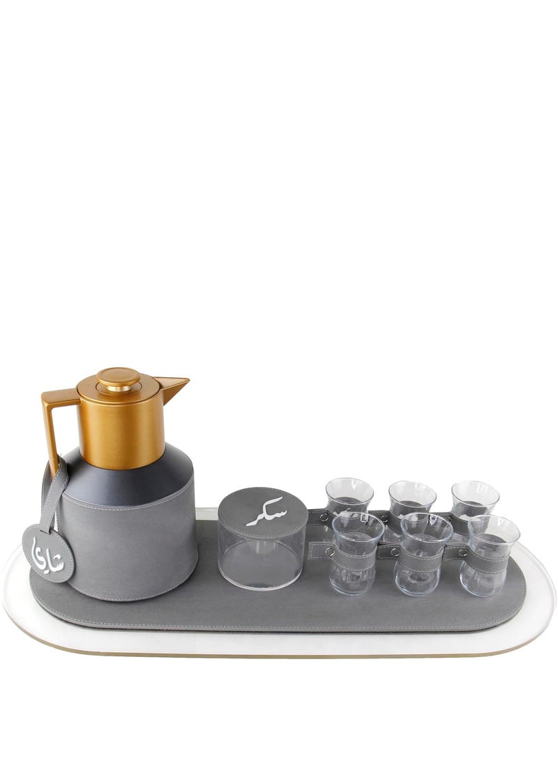 LAMSIT IBDAA Coffee Thermo Flask | Coffee and Tea Vacuum Pot - 1.0 Litre Dallah Arabic Carafe – Drink Cups – Leather Hospitality Set - Heat Insulated Dalla (Grey, Set of tea with oval tray) - Image 1