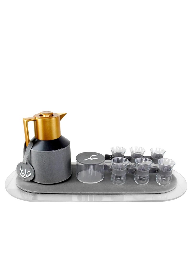 LAMSIT IBDAA Coffee Thermo Flask | Coffee and Tea Vacuum Pot - 1.0 Litre Dallah Arabic Carafe – Drink Cups – Leather Hospitality Set - Heat Insulated Dalla (Grey, Set of tea with oval tray) - Image 2