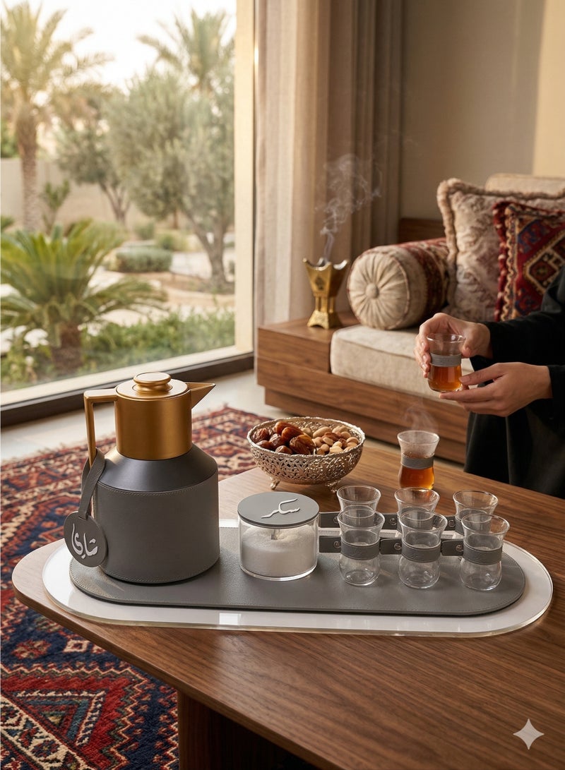 LAMSIT IBDAA Coffee Thermo Flask | Coffee and Tea Vacuum Pot - 1.0 Litre Dallah Arabic Carafe – Drink Cups – Leather Hospitality Set - Heat Insulated Dalla (Grey, Set of tea with oval tray) - Image 4