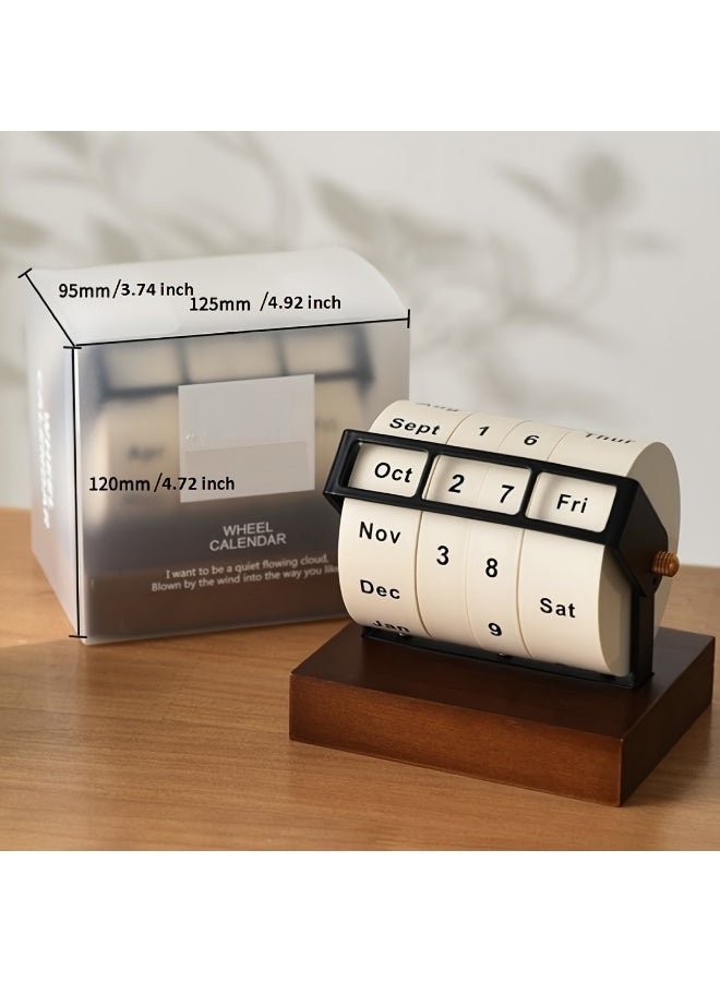 تقويم عجلة قديم الطراز، زينة سطح المكتب، قابل للتعديل الشهر والتاريخ والأسبوع، زينة إبداعية للمكتب والمنزل، قطعة عرض تاريخ يومي عملية مع قاعدة خشبية - Image 1