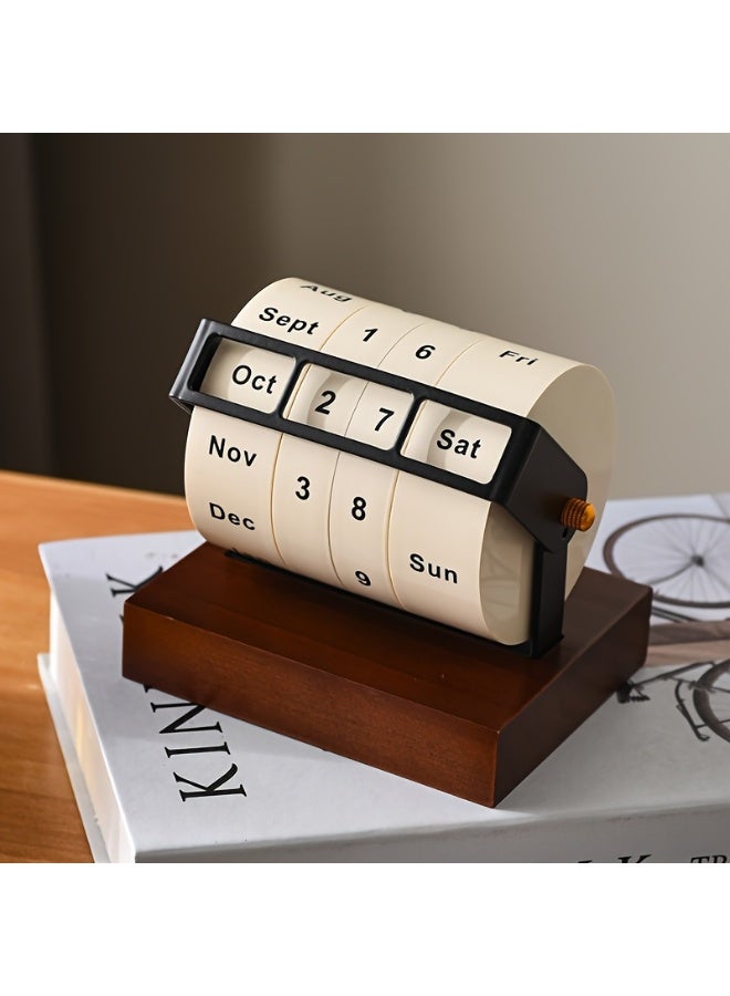 تقويم عجلة قديم الطراز، زينة سطح المكتب، قابل للتعديل الشهر والتاريخ والأسبوع، زينة إبداعية للمكتب والمنزل، قطعة عرض تاريخ يومي عملية مع قاعدة خشبية - Image 2