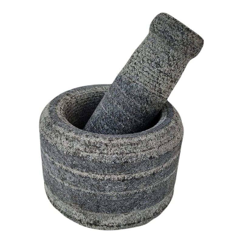 AZKAR Stone Mortar Pestle Set for Spices Okhli Masher Khalbatta Stone Natural Traditional Grinder Musal Well Design for Kitchen Home Herbs 5x3 inch Grey - Image 1