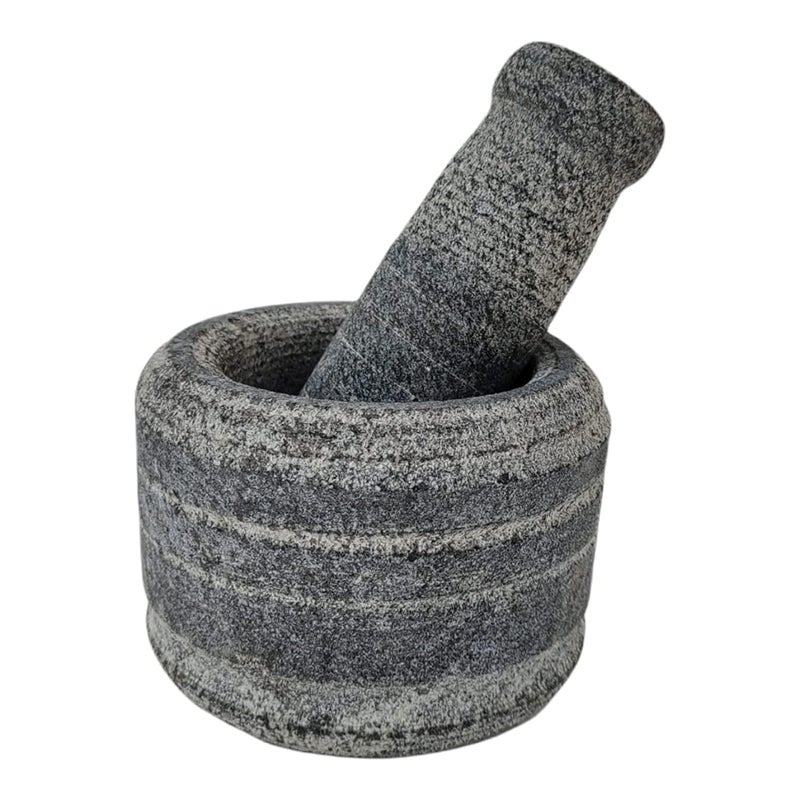 AZKAR Stone Mortar Pestle Set for Spices Okhli Masher Khalbatta Stone Natural Traditional Grinder Musal Well Design for Kitchen Home Herbs 5x3 inch Grey - Image 4