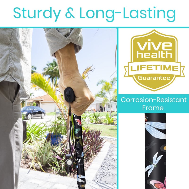 Vive Folding Cane - Foldable Walking for Men, Women Fold-up, Collapsible, Lightweight, Adjustable, Portable Hand Stick Balancing Mobility Aid Sleek, Comfortable (Black Butterfly) - Image 3