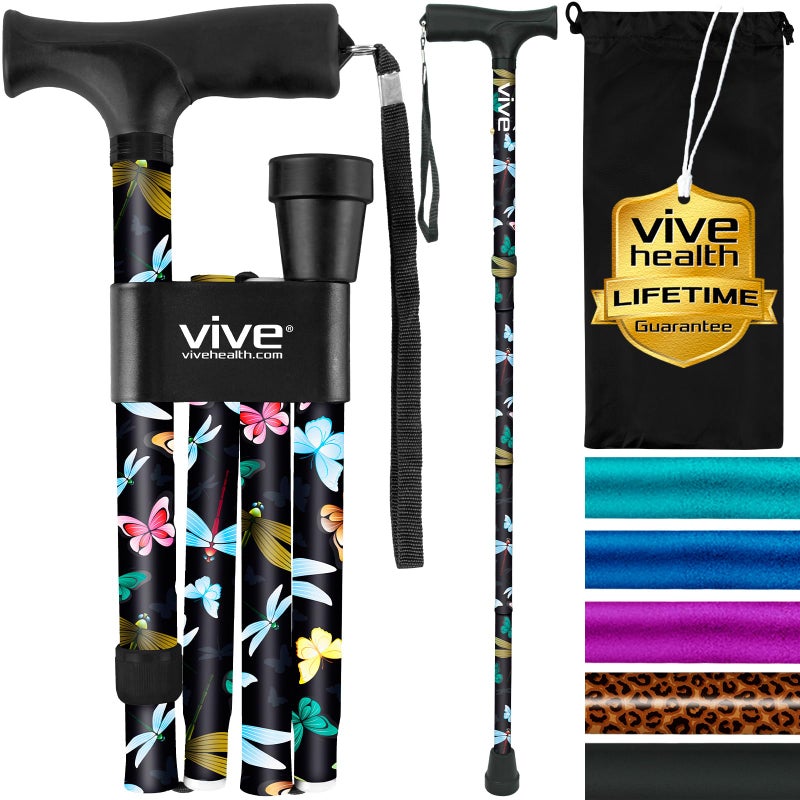Vive Folding Cane - Foldable Walking for Men, Women Fold-up, Collapsible, Lightweight, Adjustable, Portable Hand Stick Balancing Mobility Aid Sleek, Comfortable (Black Butterfly) - Image 1