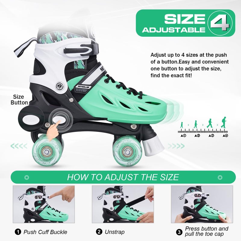 METROLLER Roller Skates for Girls Ages 5-8 8-12 and Boys Teens, Adjustable 4 Sizes for Kids Toddler Rollerskates with Light up Wheels, for Women (Green, Large-Youth & Adult (4-7 Men/5-8 Women)) - Image 2