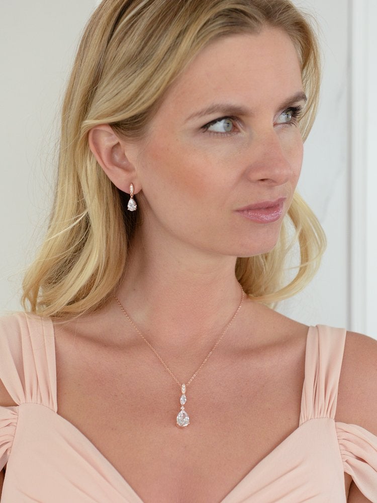 Mariell Bridal Wedding Necklace Earrings Set, 14K Rose Gold Plated CZ Pendant and Drop Earring for Bride, Bridesmaid - Image 3
