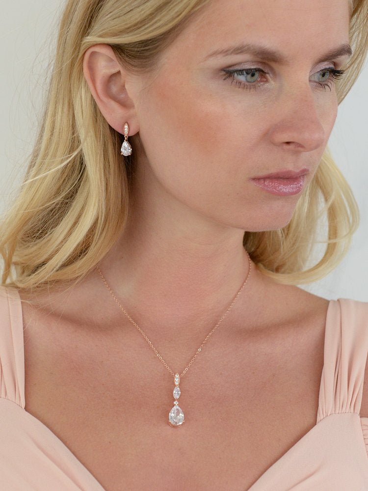 Mariell Bridal Wedding Necklace Earrings Set, 14K Rose Gold Plated CZ Pendant and Drop Earring for Bride, Bridesmaid - Image 2