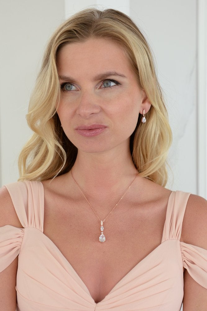 Mariell Bridal Wedding Necklace Earrings Set, 14K Rose Gold Plated CZ Pendant and Drop Earring for Bride, Bridesmaid - Image 4