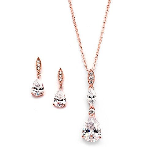 Mariell Bridal Wedding Necklace Earrings Set, 14K Rose Gold Plated CZ Pendant and Drop Earring for Bride, Bridesmaid - Image 1