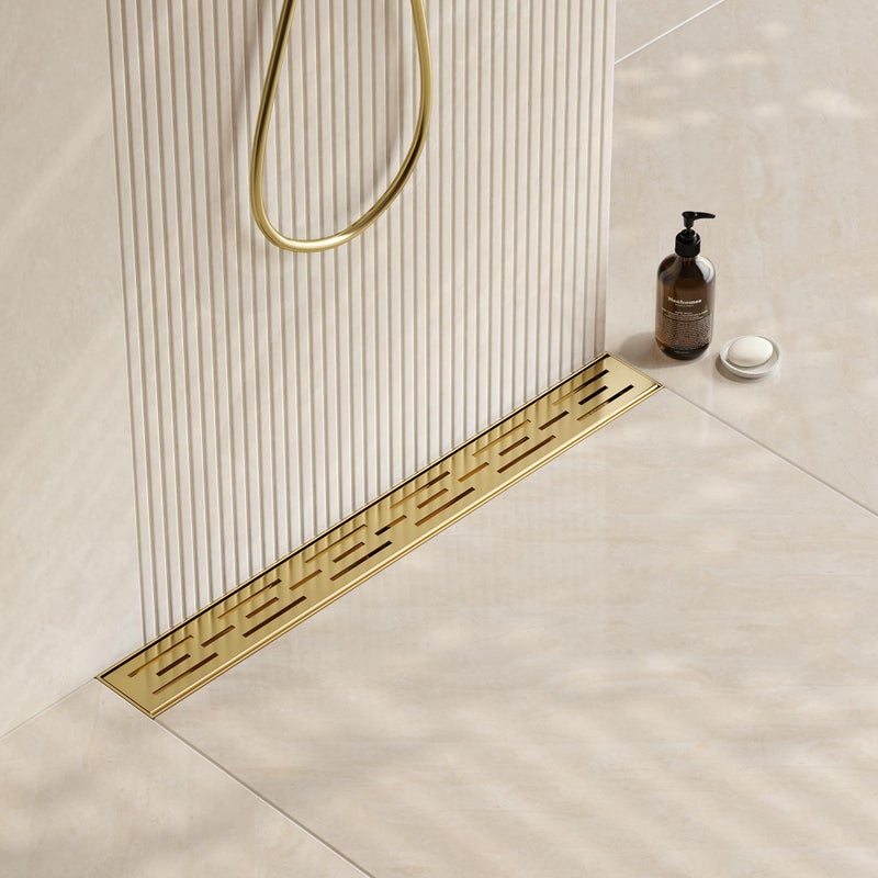 Neodrain 24in Brushed Brass Rectangular Linear Shower Drain with Brick Pattern Grate 304 Stainless Steel Bathroom Floor Drain Gold Linear Drain with Hair StrainerCUPC Certified