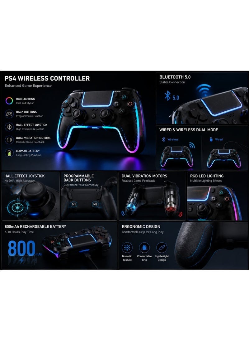 وحدة تحكم ألعاب لاسلكية لجهاز PS4، لوحة ألعاب بلوتوث RGB مع عصا تحكم بتقنية هول إفكت، اهتزاز مزدوج، أزرار قابلة للبرمجة وبطارية قابلة للشحن لجهاز ألعاب PS4 - Image 5