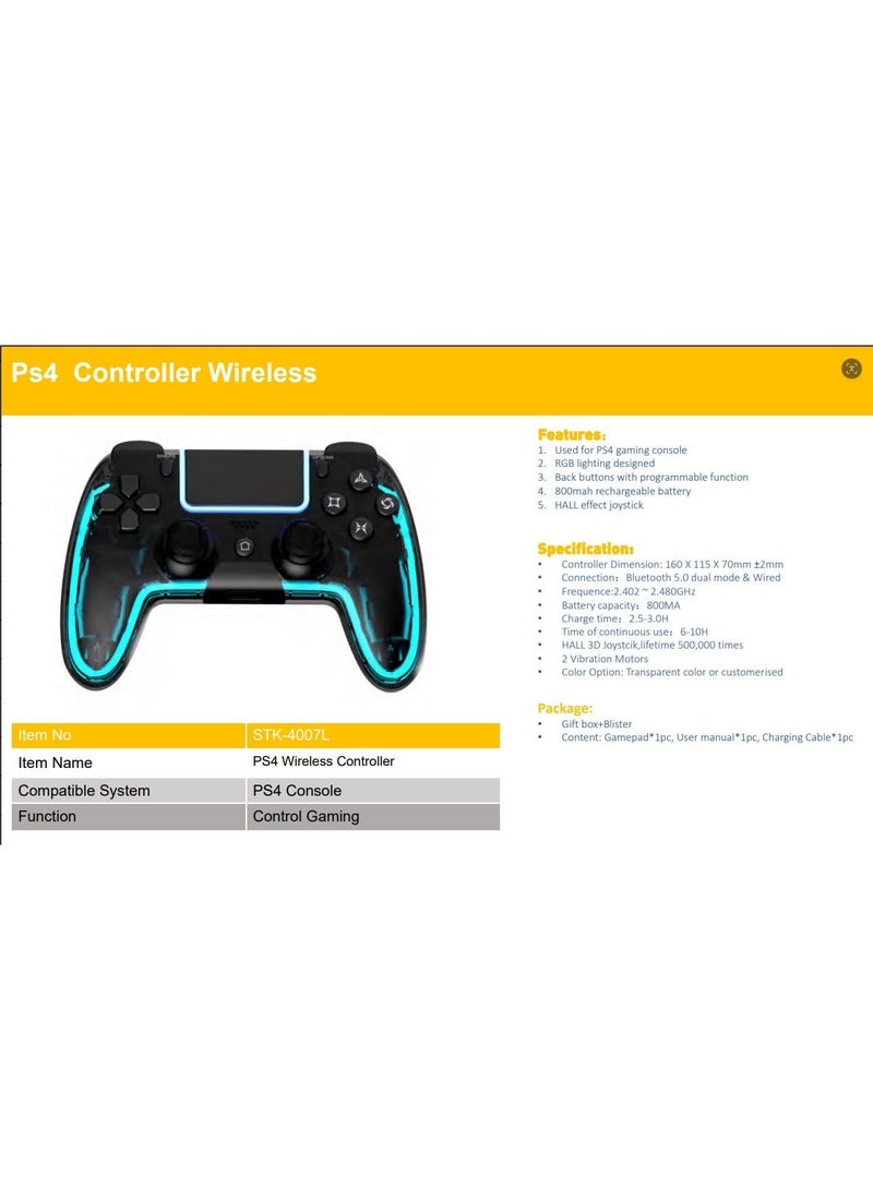 وحدة تحكم ألعاب لاسلكية لجهاز PS4، لوحة ألعاب بلوتوث RGB مع عصا تحكم بتقنية هول إفكت، اهتزاز مزدوج، أزرار قابلة للبرمجة وبطارية قابلة للشحن لجهاز ألعاب PS4 - Image 4