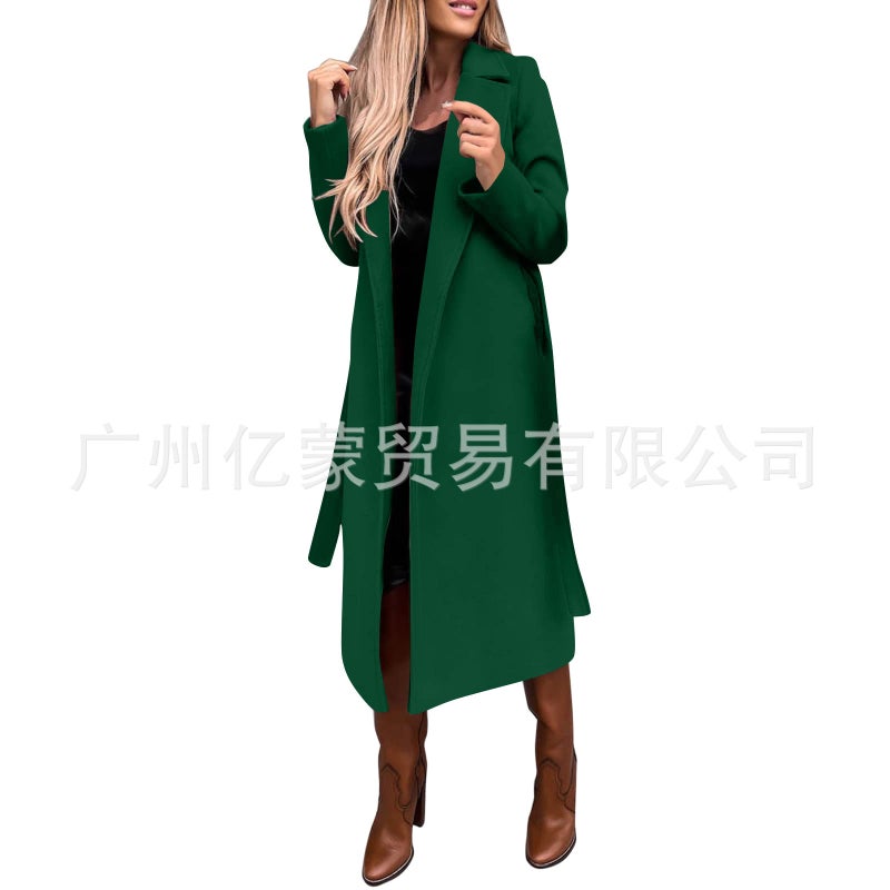 Women's Wool Coat Long Sleeve Notch Lapel Wrap Belted Trench Outerwear - Image 5