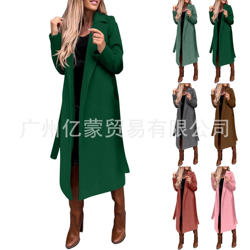 Women's Wool Coat Long Sleeve Notch Lapel Wrap Belted Trench Outerwear - Image 1