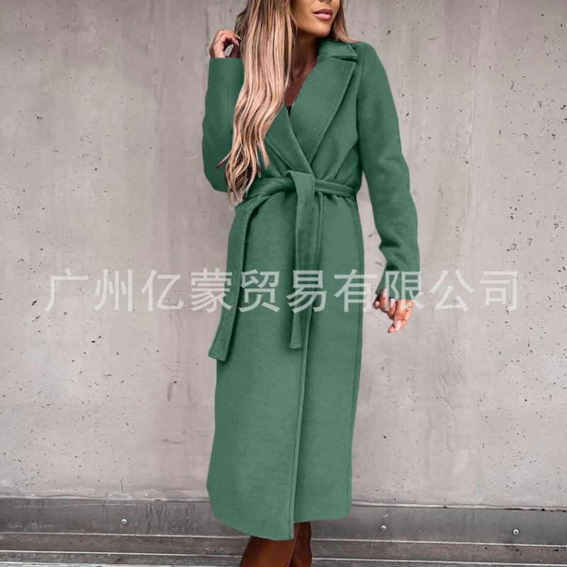 Women's Wool Coat Long Sleeve Notch Lapel Wrap Belted Trench Outerwear - Image 4