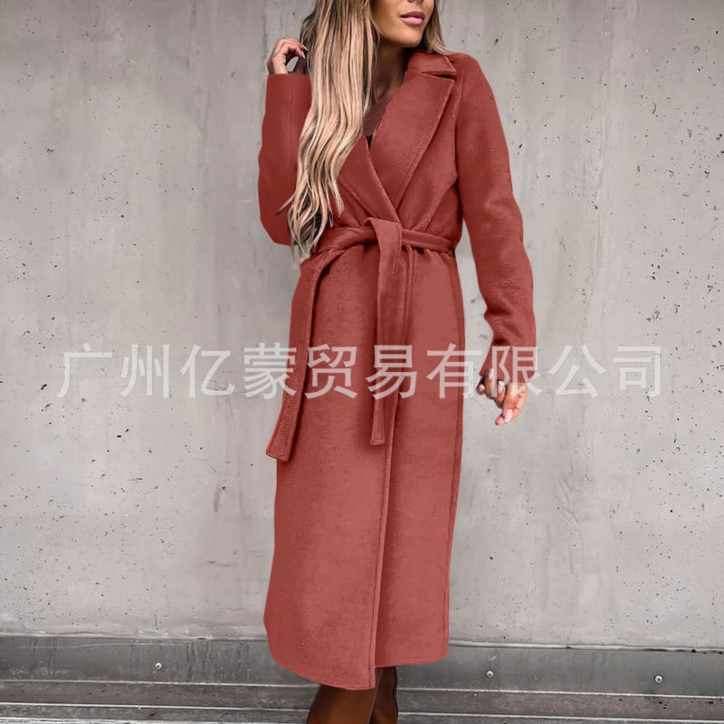 Women's Wool Coat Long Sleeve Notch Lapel Wrap Belted Trench Outerwear - Image 3
