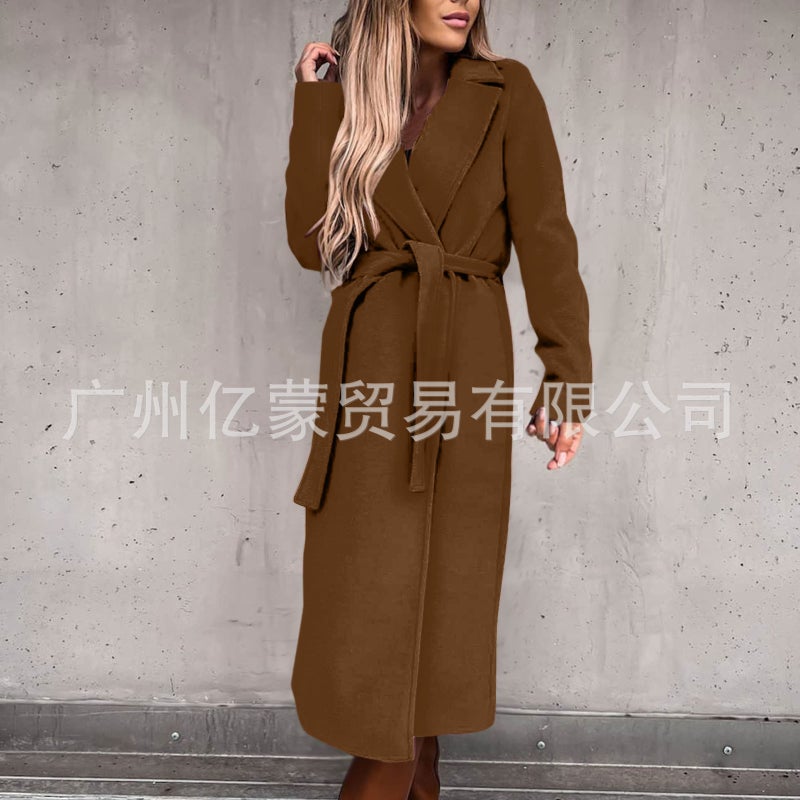 Women's Wool Coat Long Sleeve Notch Lapel Wrap Belted Trench Outerwear - Image 2