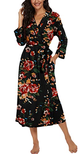 VINTATRE Women Kimono Robes Long Knit Bathrobe Lightweight Soft Knit Sleepwear V-neck Casual Ladies Loungewear FP-Brown Black-Small - Image 3