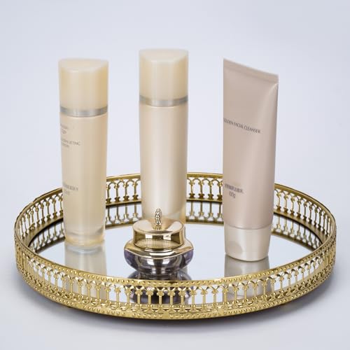Ayswupt Gold Mirrored Vanity Tray for Bathroom Counter,Metal Decorative Jewelry Storage Tray Cosmetic Perfume Organizer for Dresser,Bedroom,Home Decor,Suit for Candle Holder,Coffee Table Centerpiece,L - Image 1