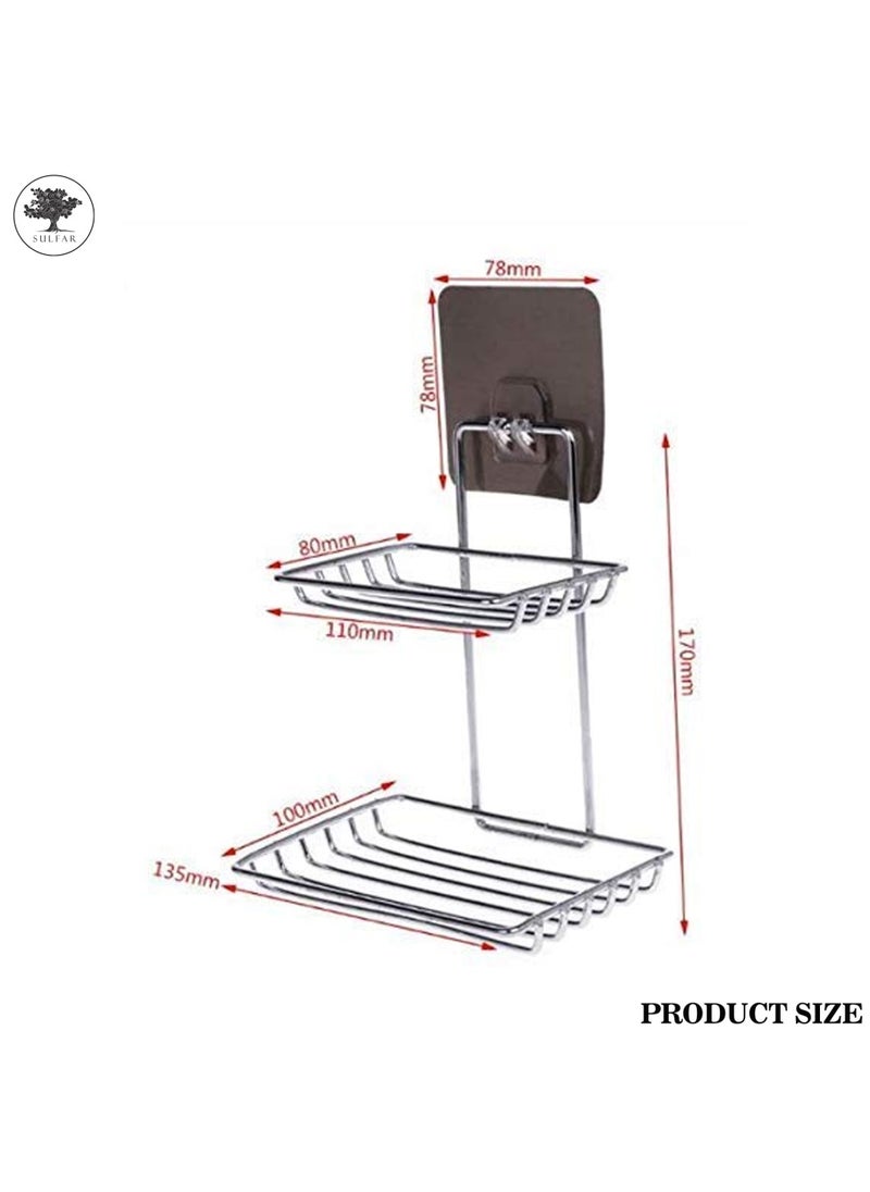 sulfar Sulfar Mounted Double Layer soap Dish Holder Stainless Steel Wall Hanging Soap Storage Rack for Kitchen Bathroom with Self Adhesive Magic Sticker (Silver)  - Image 2