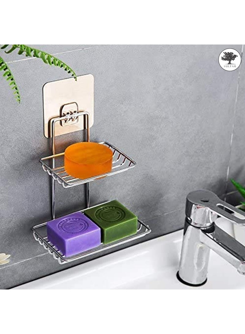 Sulfar Mounted Double Layer soap Dish Holder Stainless Steel Wall Hanging Soap Storage Rack for Kitchen Bathroom with Self Adhesive Magic Sticker (Silver)