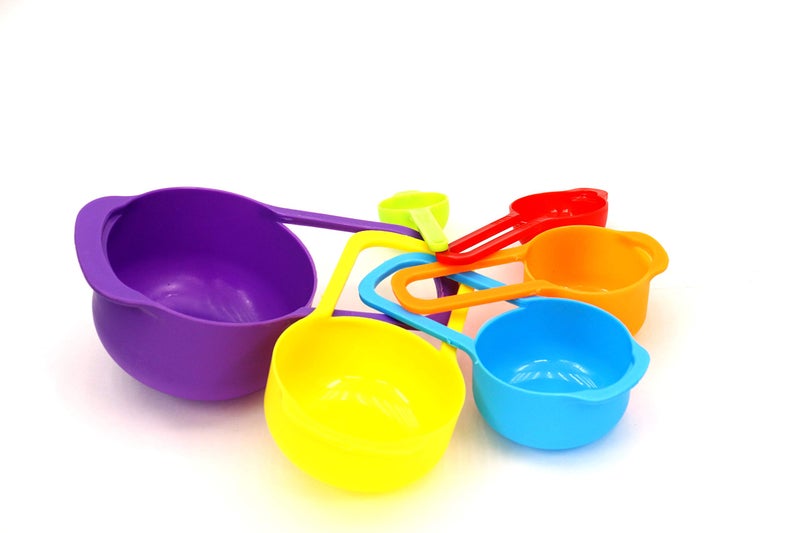 Freshome Plastic Premium Baking & Metric Food Measurement Preparation Measure Measuring Spoon and Cup Set, Set of 6-Pieces-Multi Color (7.5ml,15ml,60ml,86ml,125ml,260ml) - Image 1