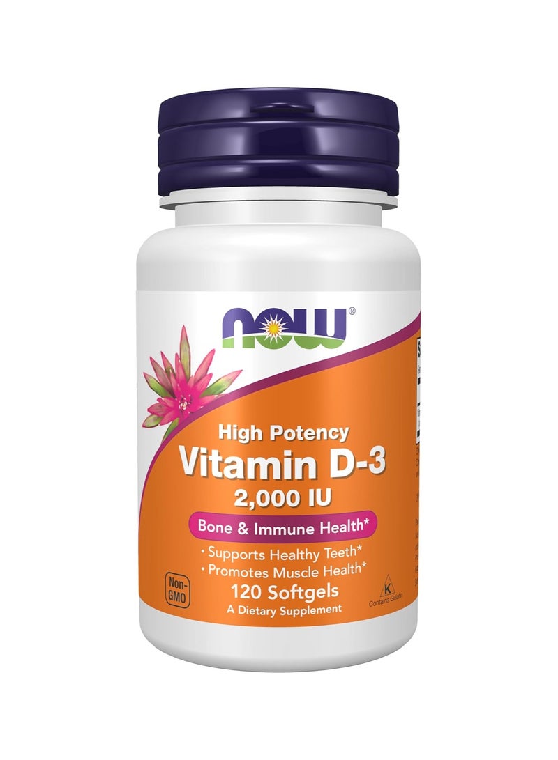 NOW Foods Supplements, Vitamin D-3 2,000 IU, High Potency, Structural Support*, 120 Softgels - Image 1