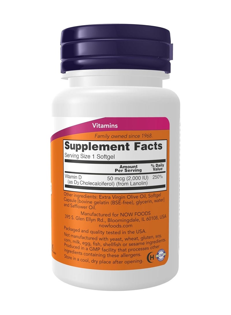 NOW Foods Supplements, Vitamin D-3 2,000 IU, High Potency, Structural Support*, 120 Softgels - Image 2