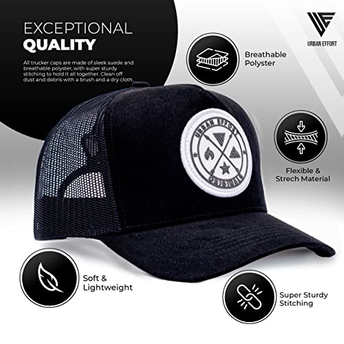 Urban Effort Mesh Back Cap - for Men and Women Baseball Hat 5-Panel Trucker Hat - Great Snapback Closure for Hunting & Hiking (Curved Trucker, Black + White Patch) - Image 2