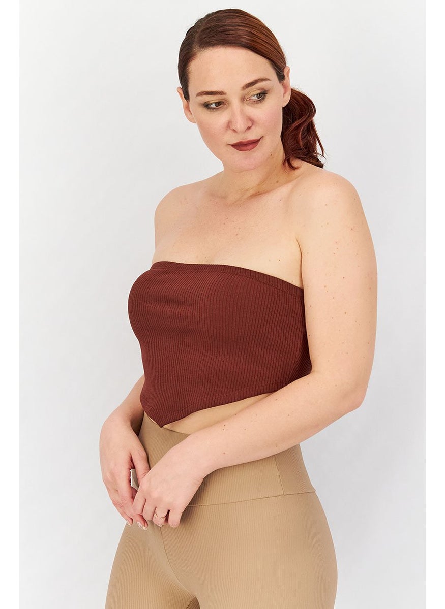 Asos Design - Women Straight Across Strapless Ribbed Tube Top, Brown - Image 1