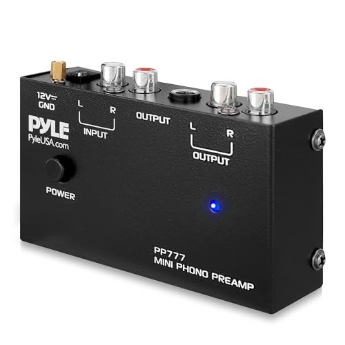 Pyle مضخم صوت فونو ميني من بايل - مضخم صوت ستيريو مع مدخل/مخرج RCA - ضجيج منخفض - يعمل بواسطة محول 12 فولت DC - مثالي للأقراص الفينيل والفونوغرافات - PP777 - Image 1