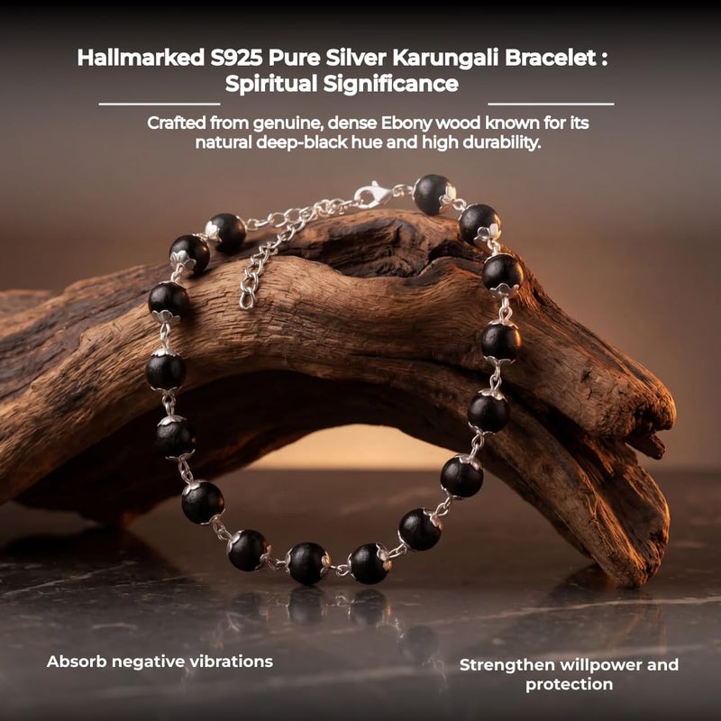 Divine Hindu 925 Hallmarked Pure Silver Karungali Bracelet with Black Ebony Wood Beads - Image 4